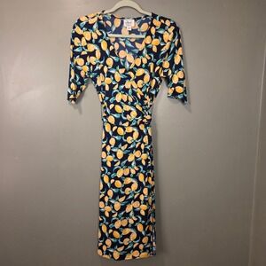 Dm Collection Women's Lemon Print Faux‎ Wrap Midi Dress Size 10, 3/4 Sleeves